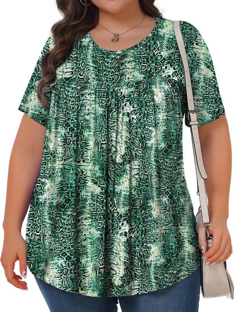 Tencede Womens Plus Size Tops Tunic Short Sleeve Crew Neck Shirts Casual Soft Blouse Green Yellow Snake Skin 3X - Image 2