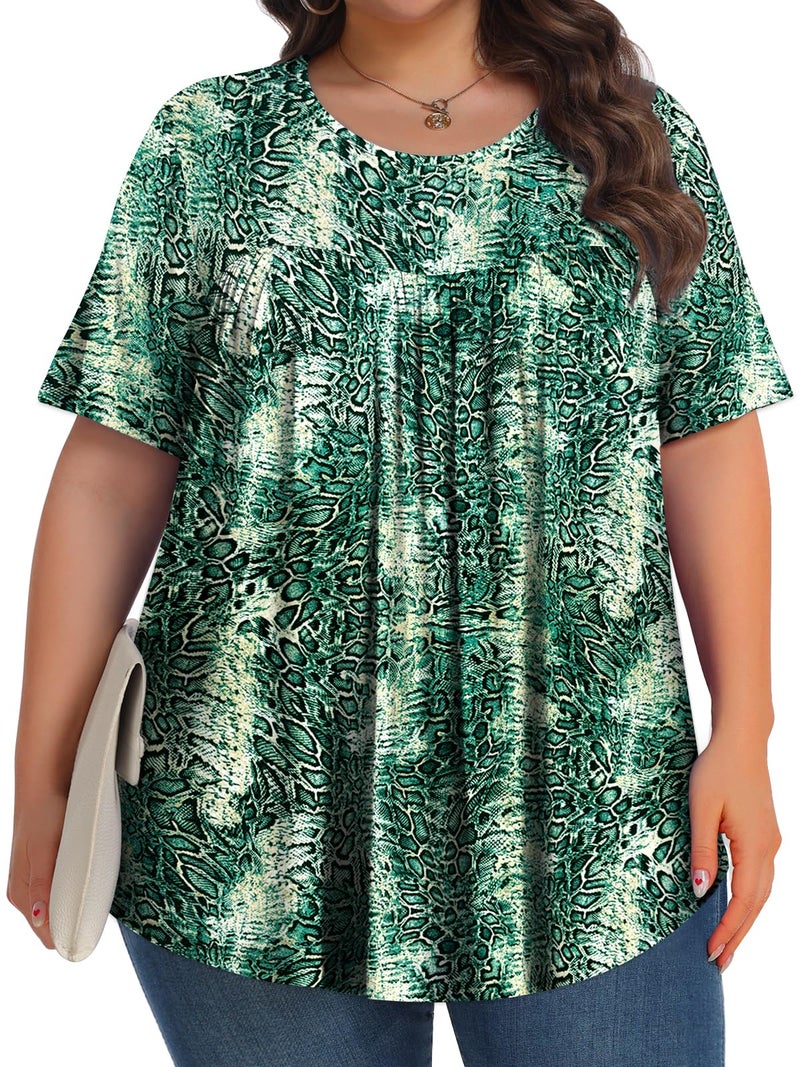 Tencede Womens Plus Size Tops Tunic Short Sleeve Crew Neck Shirts Casual Soft Blouse Green Yellow Snake Skin 3X - Image 3