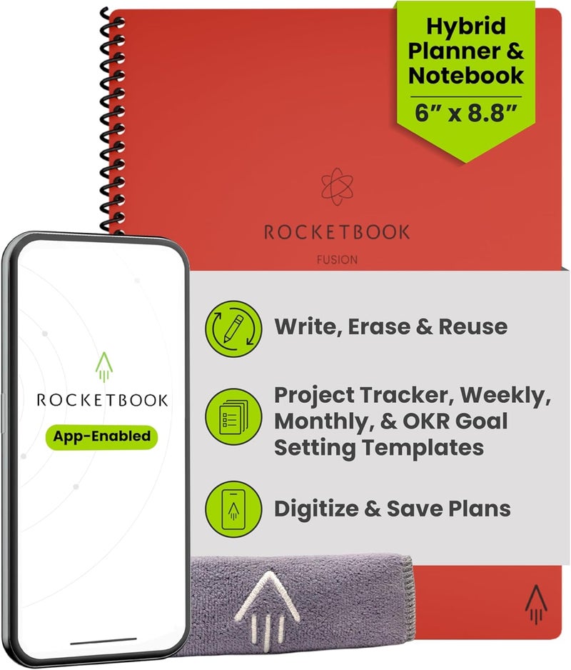 Rocketbook Fusion Smart Reusable Notebook - Calendar, To-Do Lists, and Note Template Pages with 1 Pilot Frixion Pen and 1 Microfiber Cloth Included - Atomic Red Cover, Executive Size (6" x 8.8") - Image 1