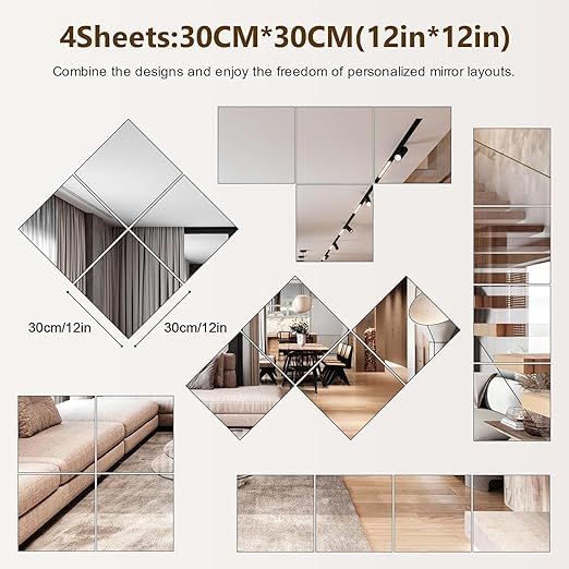 SEVEN HORSES Real HD Glass Stickers Full Length Wall Mirror Tiles 12 x 12 x 4PCS Frameless Full Body Mirror Tiles for Bedroom Full Length Mirror Wall Mounted for Home Gym Door - Image 2