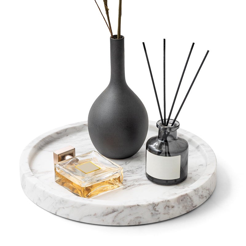 WORHE Natural Marble Decorative Tray for Bathroom Bedroom Kitchen Dresser Round Vanity Trays for Jewelry Perfume Cosmetic Candle Countertop Storage Organizer for Home Decor Color White TP601