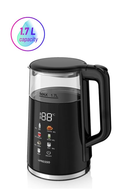 Electric Glass Kettle 1.7L with Interactive Temperature Display / Boil Dry Protection / Auto Shut-Off / Fast-Boiling Cordless Kettle - Black