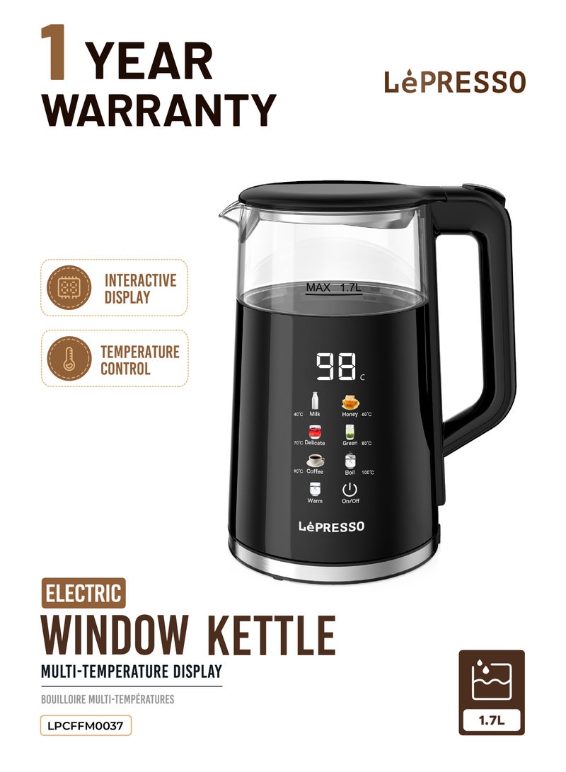 LePRESSO Electric Glass Kettle 1.7L with Interactive Temperature Display / Boil Dry Protection / Auto Shut-Off / Fast-Boiling Cordless Kettle - Black - Image 1