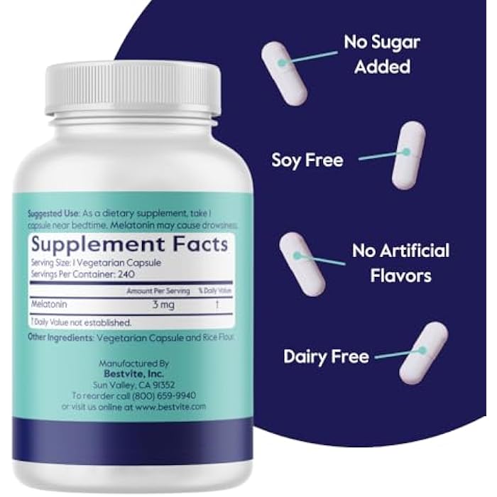 BESTVITE Melatonin 3mg (240 Vegetarian Capsules) - No Crospovidone - No Dextrose - No Dicalcium Phosphate - No Stearates - Vegan - Non GMO - Gluten Free - Easy to Swallow Capsule - Image 2