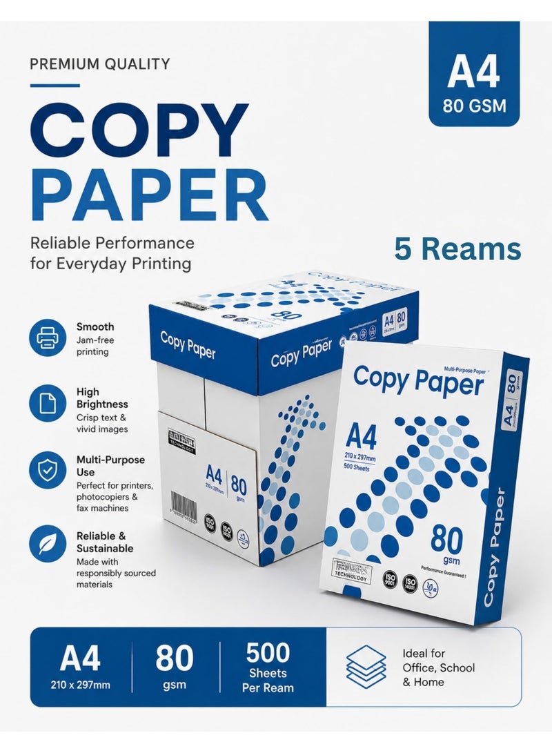 Copy Paper Brand A4 80 GSM – 2500 Sheets Premium Multipurpose Printing Paper | Bright White | Smooth Jam-Free Performance - Image 1