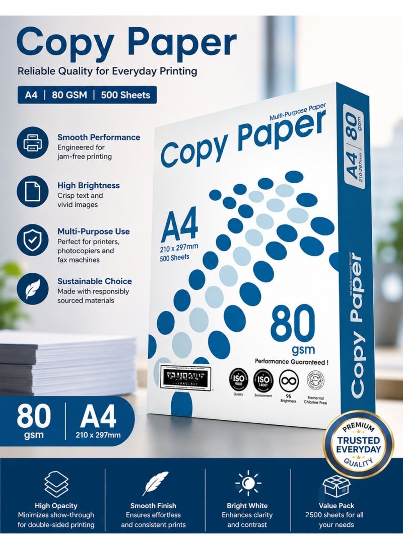 Copy Paper Brand A4 80 GSM – 2500 Sheets Premium Multipurpose Printing Paper | Bright White | Smooth Jam-Free Performance - Image 2