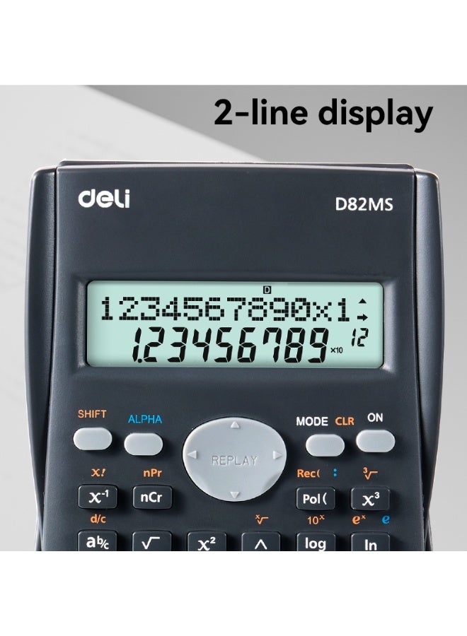 Deli D82MS Scientific Calculator, 240 Functions, 2-Line 10+2 Digit Display, Dark Grey - Image 2
