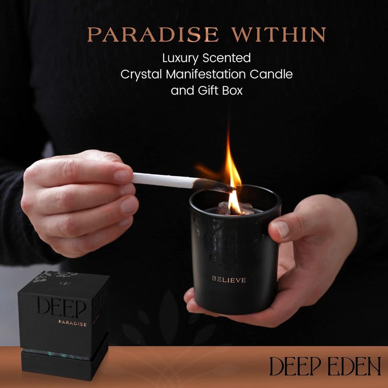 Deep Eden Scented Candle, Wood Wick, 7.4 Oz, Black - Luxurious, Powerful Manifestation Candle - Hand Poured Crystal Candle with Natural Soy, Coconut and Beeswax - Essential Oils and Exotic Fragrance - Image 2