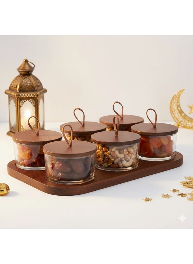 زاها 3/6 قطع أبراج زجاجية م Гермَّة ببوروسيليكات مع طبق خشبي - مجموعة تخزين وتقديم التمر/الجوز/الفاكهة المجففة لرمضان | مقاومة للحرارة ومغلقة للهواء لمجلس وعائلات السعودية والافطار - Image 1