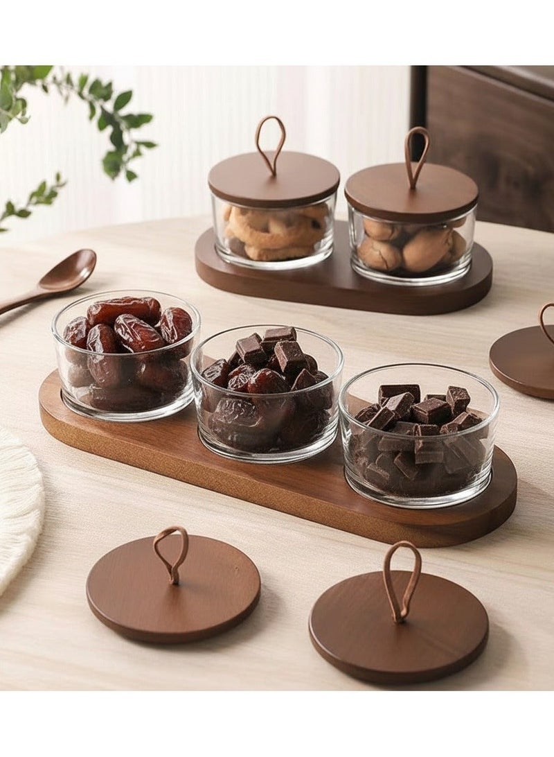زاها 3/6 قطع أبراج زجاجية م Гермَّة ببوروسيليكات مع طبق خشبي - مجموعة تخزين وتقديم التمر/الجوز/الفاكهة المجففة لرمضان | مقاومة للحرارة ومغلقة للهواء لمجلس وعائلات السعودية والافطار - Image 3