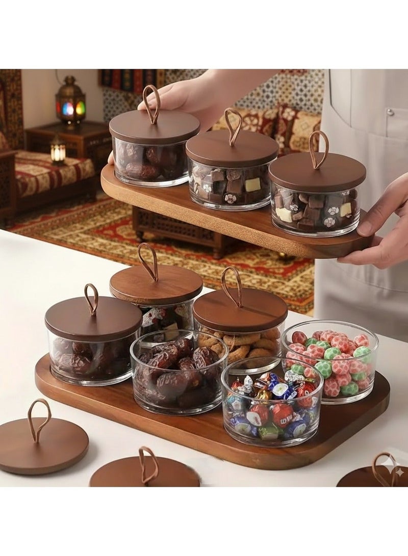 زاها 3/6 قطع أبراج زجاجية م Гермَّة ببوروسيليكات مع طبق خشبي - مجموعة تخزين وتقديم التمر/الجوز/الفاكهة المجففة لرمضان | مقاومة للحرارة ومغلقة للهواء لمجلس وعائلات السعودية والافطار - Image 2