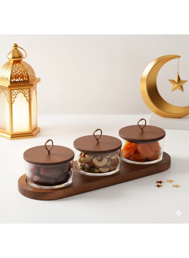 زاها 3/6 قطع أبراج زجاجية م Гермَّة ببوروسيليكات مع طبق خشبي - مجموعة تخزين وتقديم التمر/الجوز/الفاكهة المجففة لرمضان | مقاومة للحرارة ومغلقة للهواء لمجلس وعائلات السعودية والافطار - Image 4