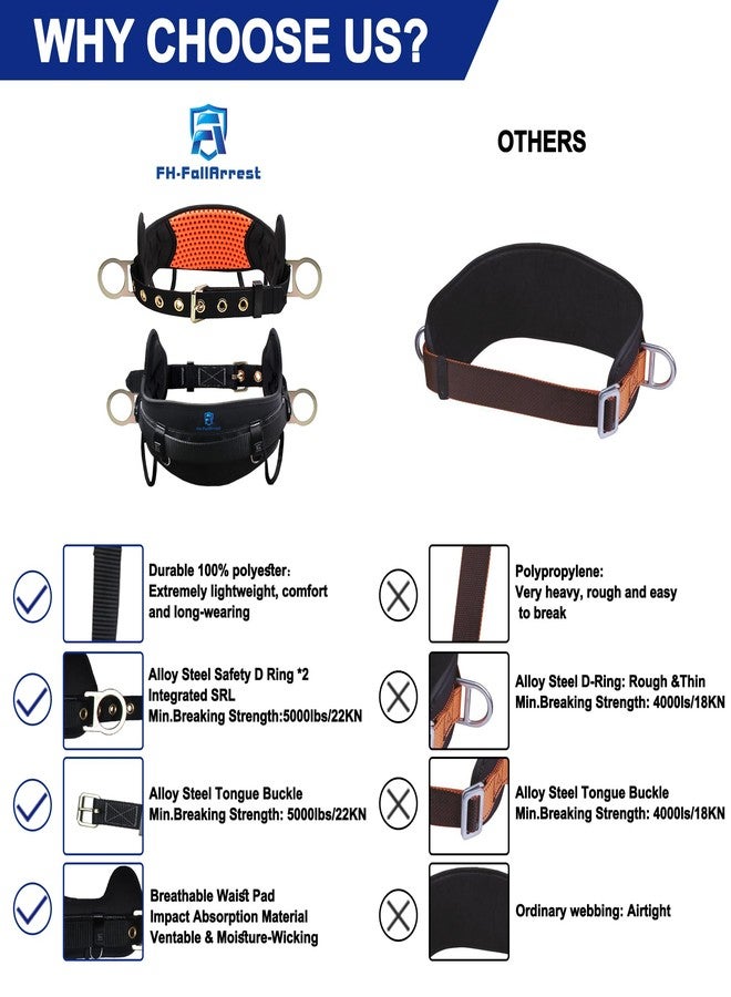 FHFallArrest Tongue Buckle Body Belt With Hot-Pressing Waist Pad and 2 Side D-Rings Personal Protective Equipment Safety Harness | Waist Fitting Size 30'' to 45'' for Work Positioning, Restraint - Image 4