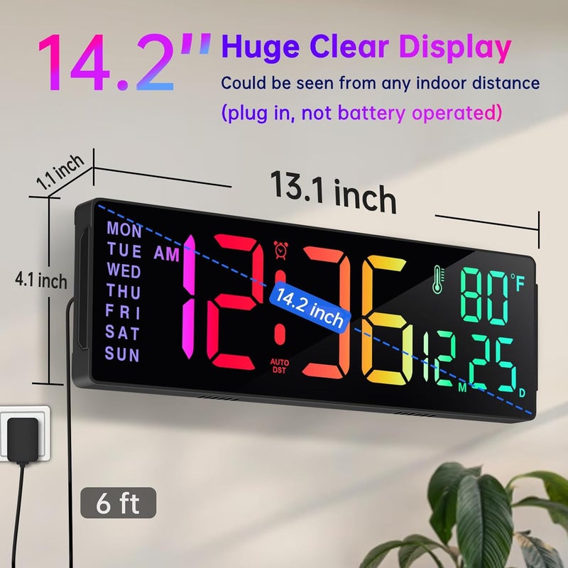 Soobest 14.2" Large Display Digital Wall Clock with Date Day of Week Temp Timer, Electric 8-in-1 Color Changing Big LED Clock for Elderly Seniors, Auto DST, Remote Control for Living Room Home Gym - Image 2