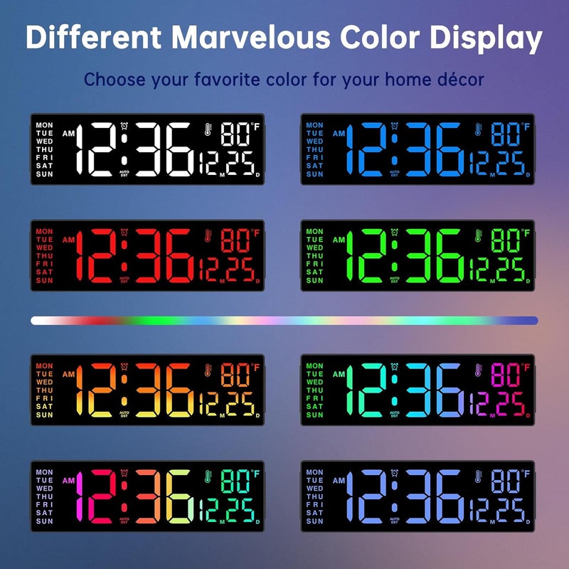 Soobest 14.2" Large Display Digital Wall Clock with Date Day of Week Temp Timer, Electric 8-in-1 Color Changing Big LED Clock for Elderly Seniors, Auto DST, Remote Control for Living Room Home Gym - Image 3