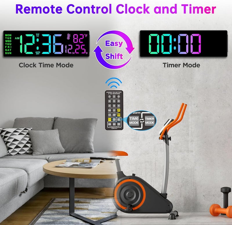 Soobest 14.2" Large Display Digital Wall Clock with Date Day of Week Temp Timer, Electric 8-in-1 Color Changing Big LED Clock for Elderly Seniors, Auto DST, Remote Control for Living Room Home Gym - Image 4