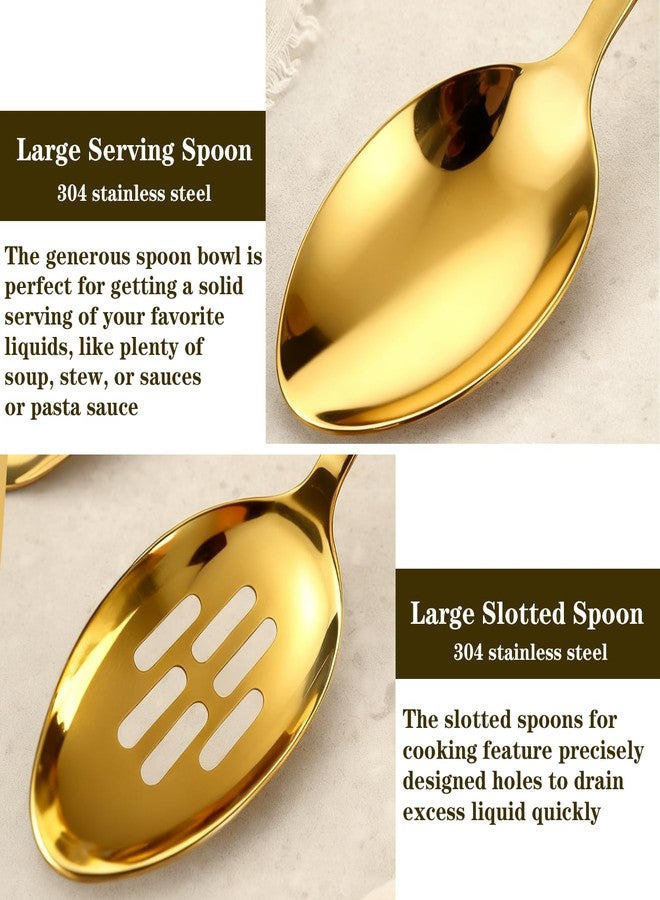 Bigwinyep Large Serving Spoons Set, 304 Metal Slotted Spoon Cooking Spoon Buffet Spoons Set for Serving, Tabletop Flatware Utensil, Gold - Image 3