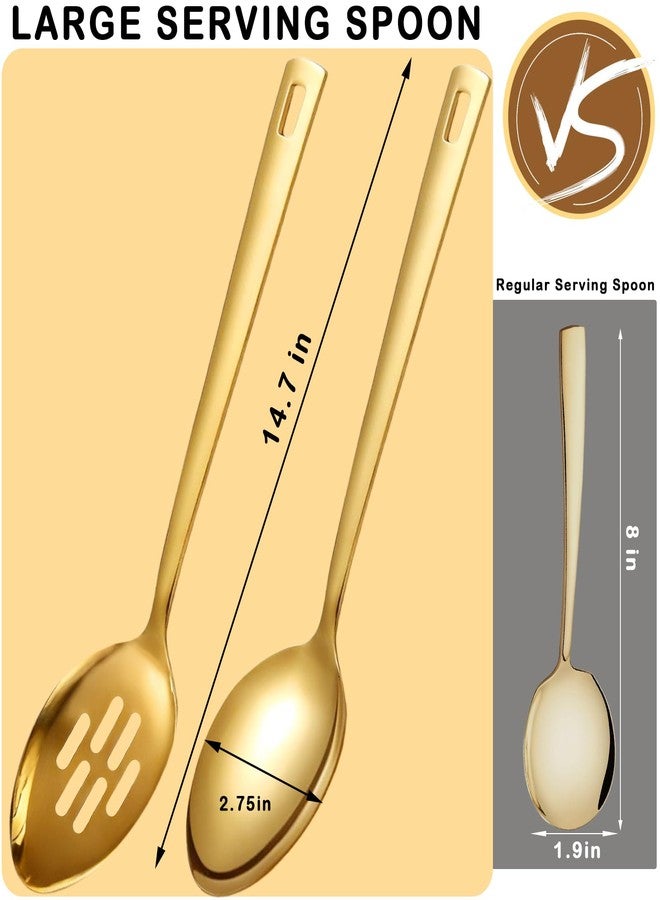 Bigwinyep Large Serving Spoons Set, 304 Metal Slotted Spoon Cooking Spoon Buffet Spoons Set for Serving, Tabletop Flatware Utensil, Gold - Image 5