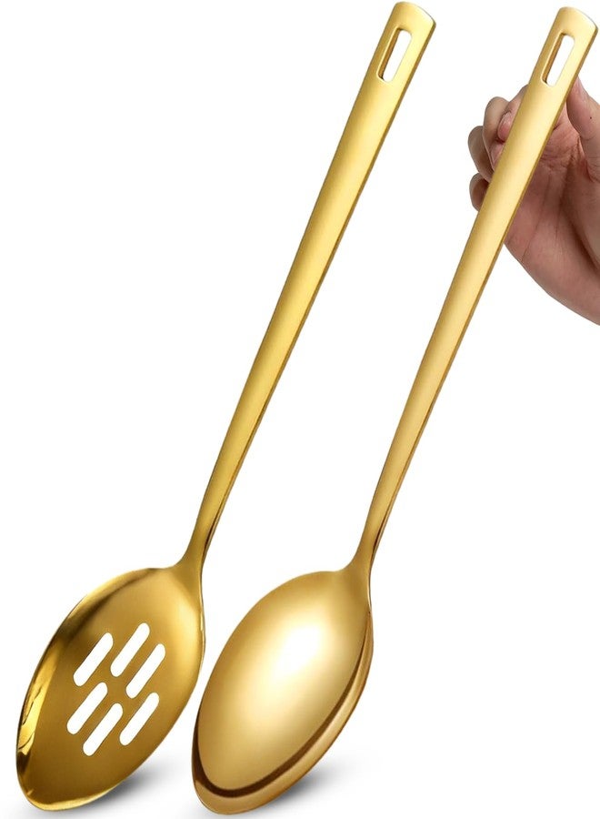 Bigwinyep Large Serving Spoons Set, 304 Metal Slotted Spoon Cooking Spoon Buffet Spoons Set for Serving, Tabletop Flatware Utensil, Gold - Image 1