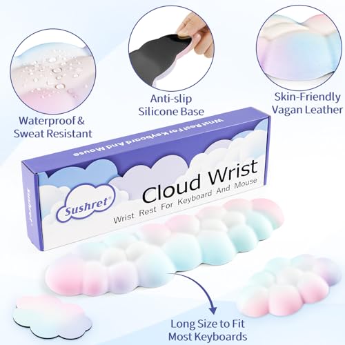 Sushret Cloud Wrist Rest Keyboard, Cloud Keyboard Wrist Pad Set with PU Leather Memory Foam, Cute Arm Rest for Palm Support, PC/Gaming Desk Accessories/Office Setup/Computer Hand Cushion - Rainbow - Image 5