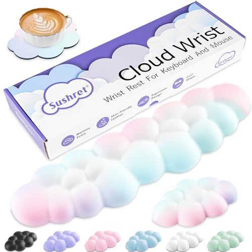Sushret Cloud Wrist Rest Keyboard, Cloud Keyboard Wrist Pad Set with PU Leather Memory Foam, Cute Arm Rest for Palm Support, PC/Gaming Desk Accessories/Office Setup/Computer Hand Cushion - Rainbow - Image 1