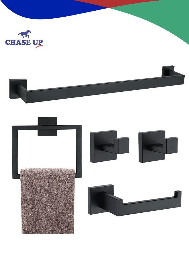 Chase Up 5 Pieces Bathroom Hardware Accessories Set Matte Black, 16Inch Bathroom Towel Rack Set SUS304 Stainless Steel, Square Bath Towel bar Set Heavy Duty, Wall Mounted - Image 1