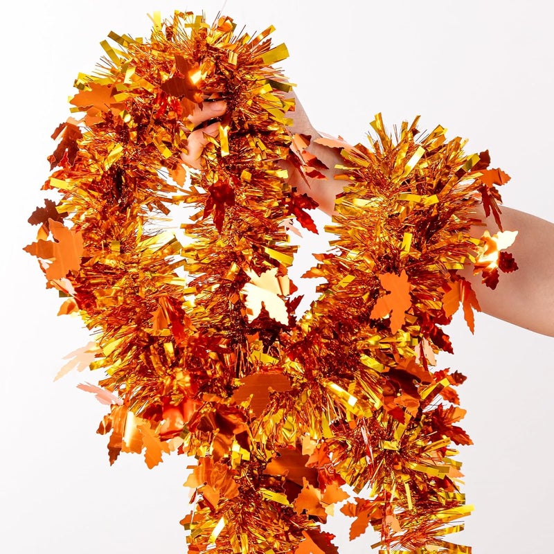 Jocomoni 33Ft Thanksgiving Tinsel Garland, Golden Maple Leaf Metallic Tinsel Garland Hanging Decoration for Autumn Thanksgiving Halloween Party Decoration - Image 1
