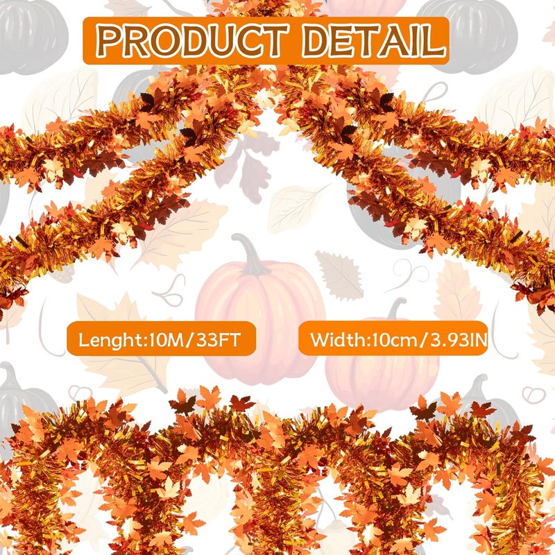 Jocomoni 33Ft Thanksgiving Tinsel Garland, Golden Maple Leaf Metallic Tinsel Garland Hanging Decoration for Autumn Thanksgiving Halloween Party Decoration - Image 2