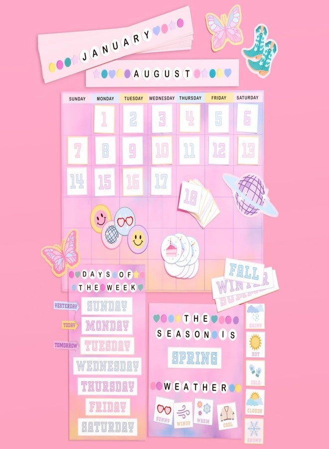 أكس أو، فيتي مجموعة لوحة إعلانات فيتي إيراز، 79 قطعة | تقويم مراكز الفصل الدراسي، زينة الطقس، لافتة وردية لأيام الدراسة، أيام الأسبوع، أساور الصداقة - لوازم المعلمين - Image 1