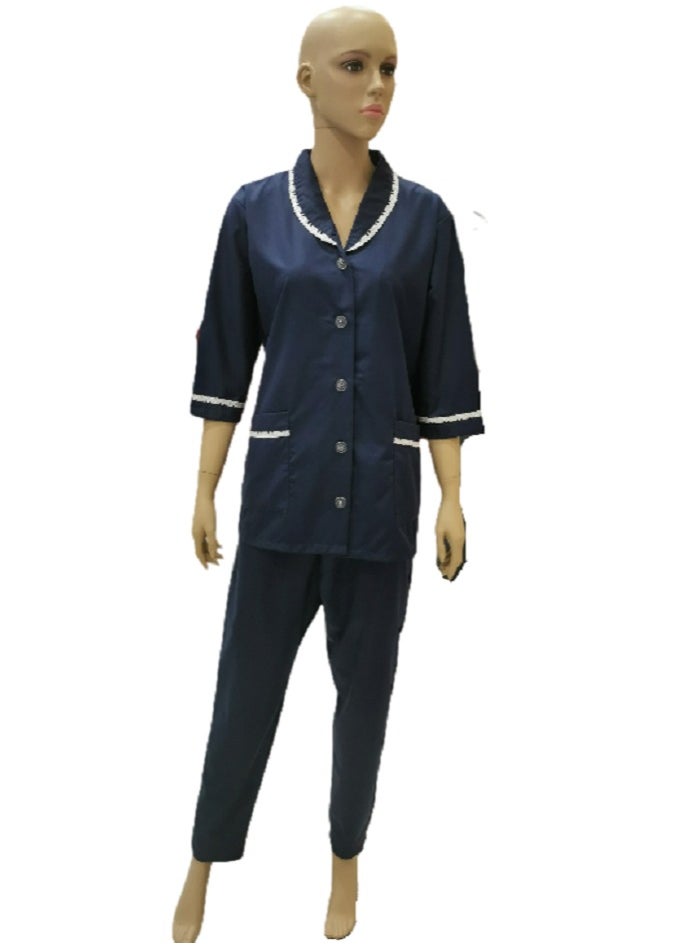 Rannah's Uniform طقم زي خادمة منزلية أنيق بتصميم كولشا باللون الأزرق الداكن مكون من بلوزة وبنطلون  - Image 1