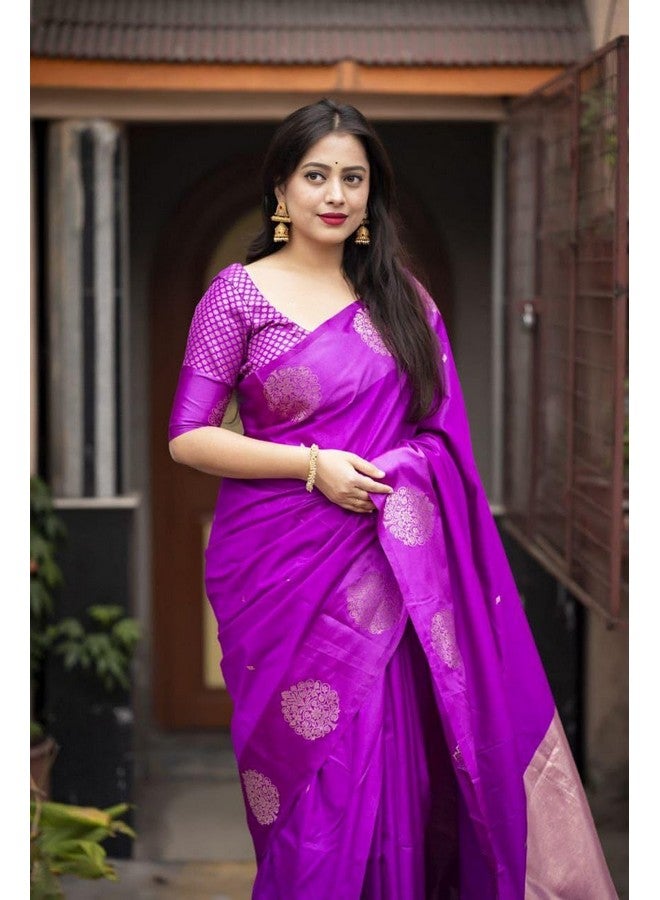 Women's Beautiful Satin Pattu Woven Border Original Banarasi Silk Saree With Zari Weaving Blouse (Orchid Violet)  - Image 2