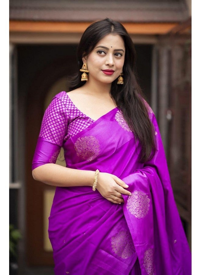 Women's Beautiful Satin Pattu Woven Border Original Banarasi Silk Saree With Zari Weaving Blouse (Orchid Violet)  - Image 3