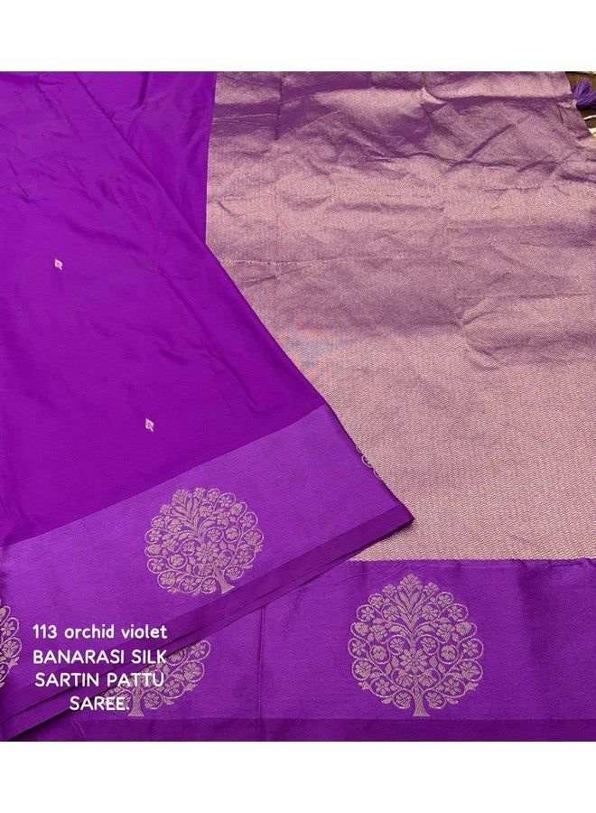 Women's Beautiful Satin Pattu Woven Border Original Banarasi Silk Saree With Zari Weaving Blouse (Orchid Violet)  - Image 5