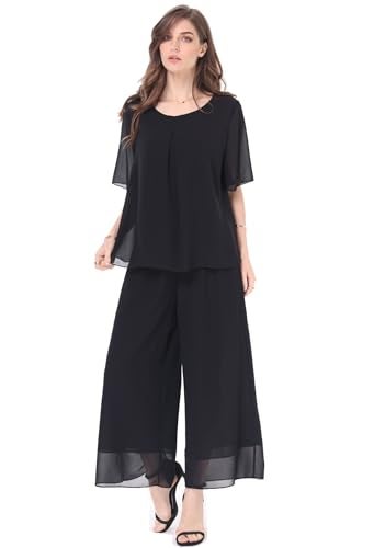 heipeiwa Women's 2 Piece Chiffon Sets Outfits Flowy Summer Casual Dressy Pantsuits Loose Double Layers Blouse Pants Sets Black - Image 1