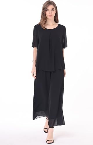 heipeiwa Women's 2 Piece Chiffon Sets Outfits Flowy Summer Casual Dressy Pantsuits Loose Double Layers Blouse Pants Sets Black - Image 5