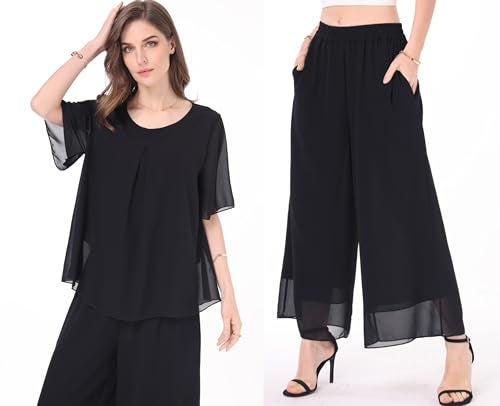 heipeiwa Women's 2 Piece Chiffon Sets Outfits Flowy Summer Casual Dressy Pantsuits Loose Double Layers Blouse Pants Sets Black - Image 2