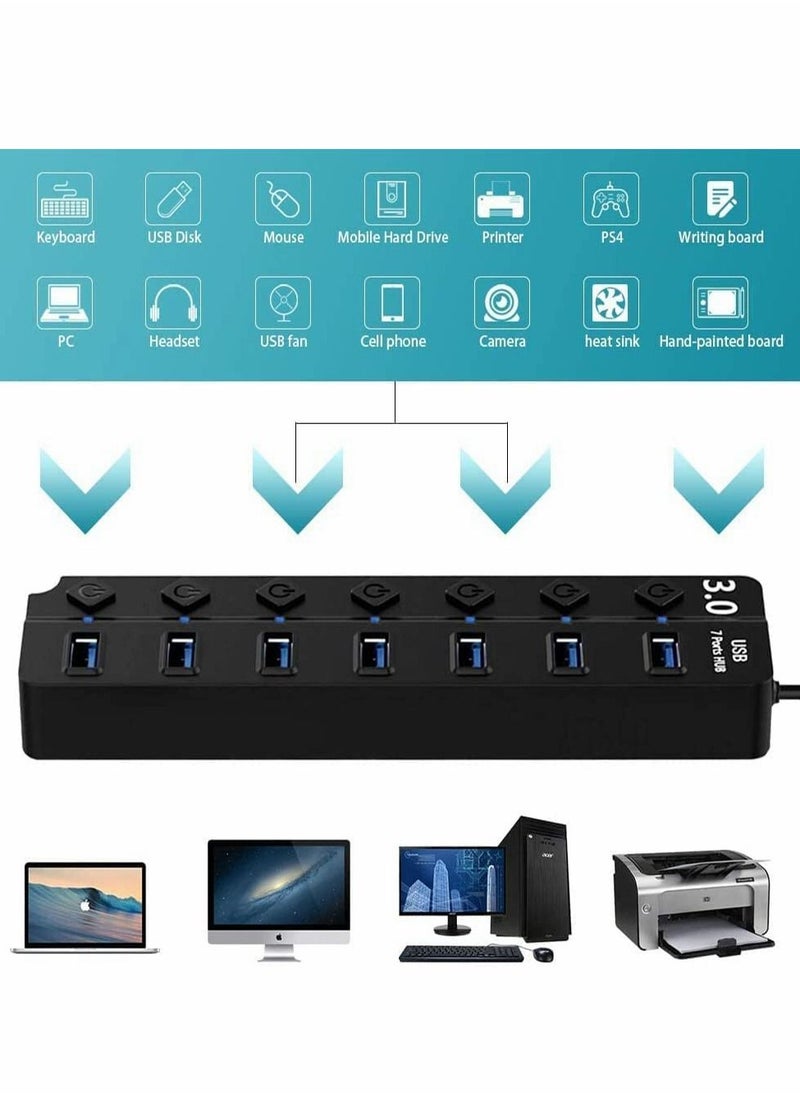 Y&D - Powered USB Hub 3.0, 7 Ports Charging Extender Data Splitter Extension, with Individual Switches and Lights for Laptop, PC, Computer, Devices Super Compatible, 5Gbps Transfer Speed - Image 1