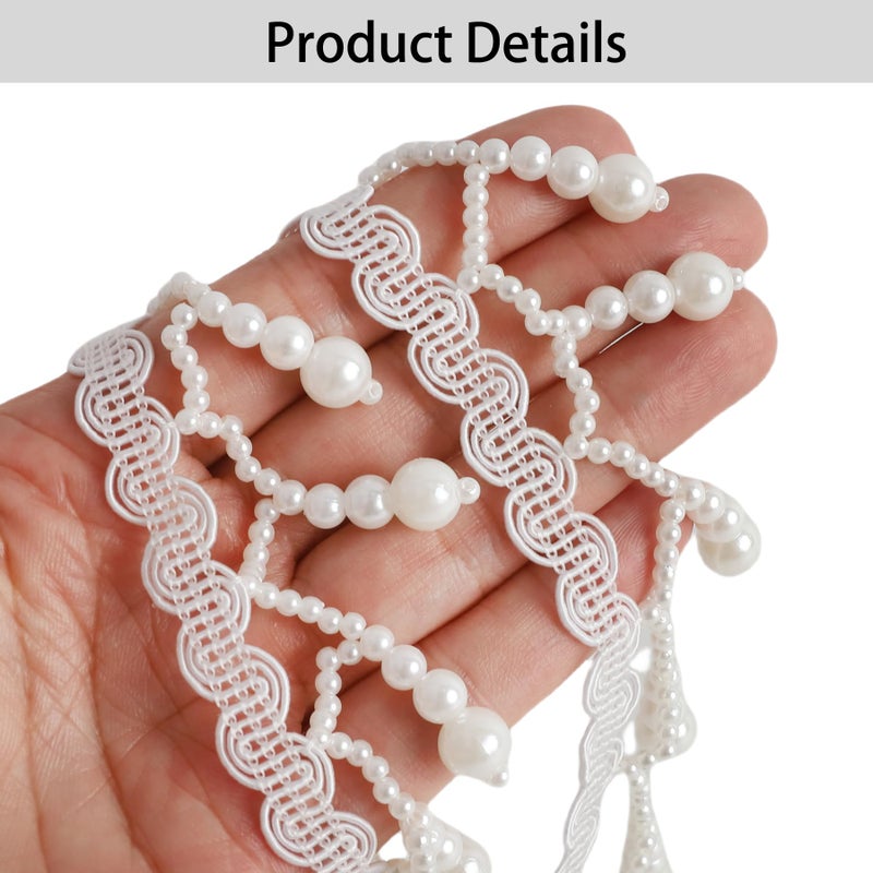 HLTOO 2 Yards Pearl Bead Ribbon Trim, Beaded Fringe Tassle Lace Trim, for Sewing Clothing, Curtains, Wedding Decoration, Bridal Dress, Belt, Headwear, White - Image 3