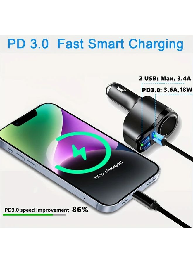 شاحن سيارة أسود مع منفذ TPC ومنفذين USB مزدوجين ممتدين - Image 4