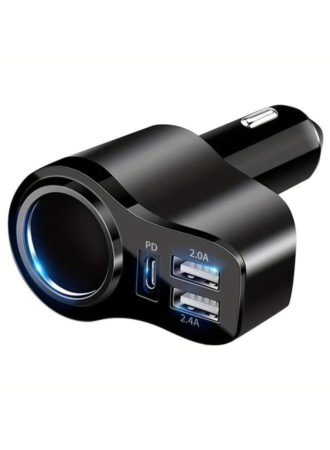 شاحن سيارة أسود مع منفذ TPC ومنفذين USB مزدوجين ممتدين - Image 1