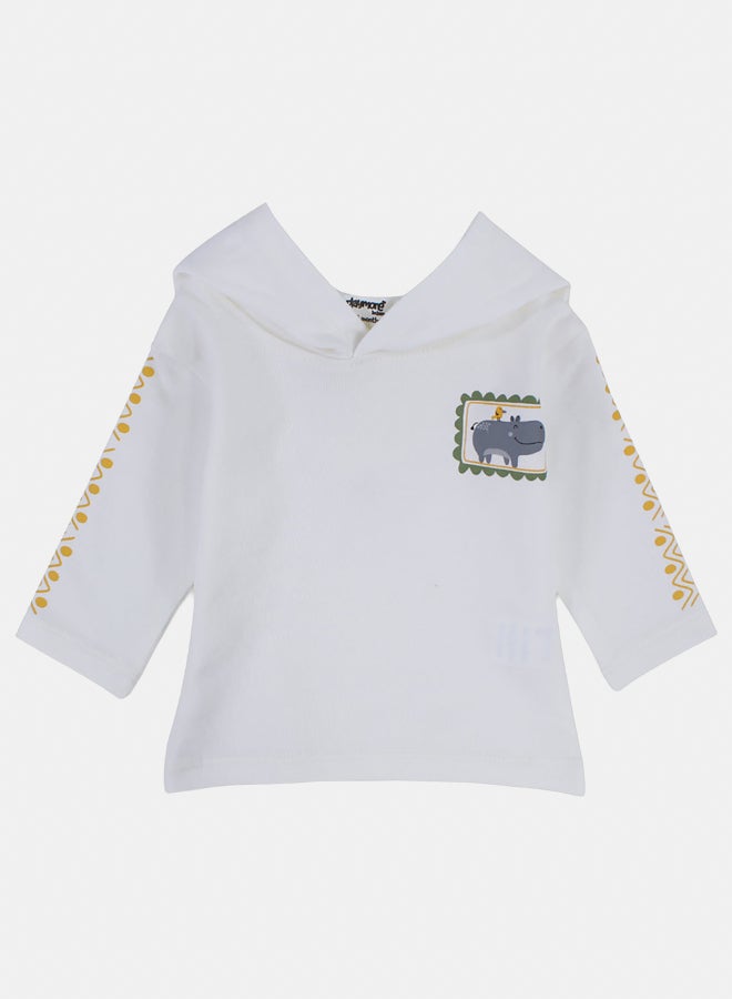 playmore Baby Boys Cotton Hooded T-Shirt – Off-White with Hippopotamus Print - Image 1