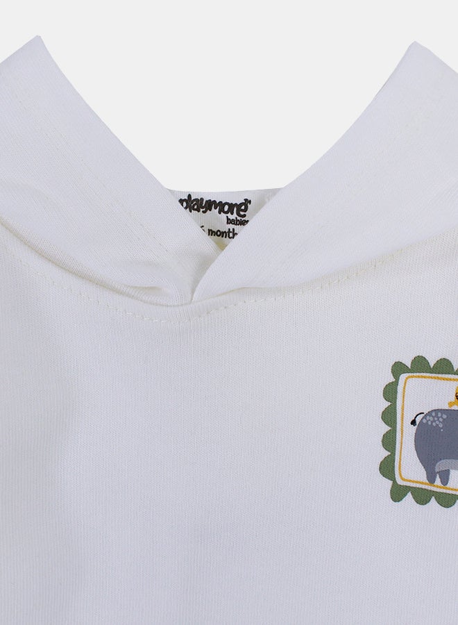 playmore Baby Boys Cotton Hooded T-Shirt – Off-White with Hippopotamus Print - Image 3
