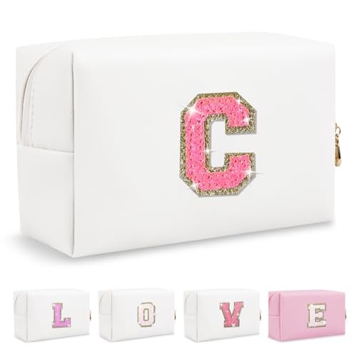 ChaoGreat Small Personalized Initial A-Z Patch Makeup Bag,White Cute PU Leather Glitter Letter Cosmetic Bag for Teen Girls,Travel Toiletry Bag with Zipper,Preppy Monogrammed Birthday Gift for Daughter Niece C - Image 1