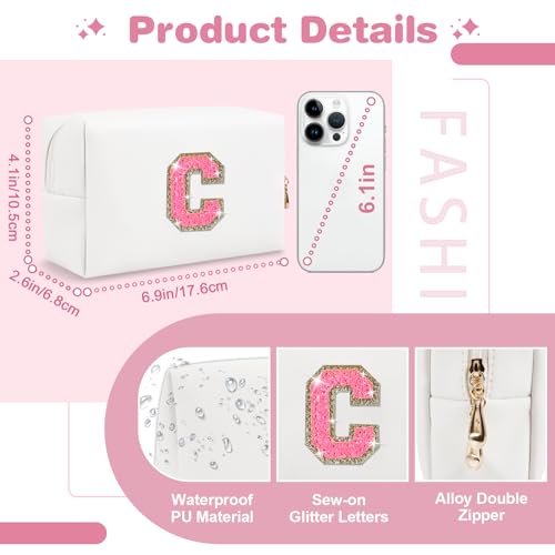 ChaoGreat Small Personalized Initial A-Z Patch Makeup Bag,White Cute PU Leather Glitter Letter Cosmetic Bag for Teen Girls,Travel Toiletry Bag with Zipper,Preppy Monogrammed Birthday Gift for Daughter Niece C - Image 2