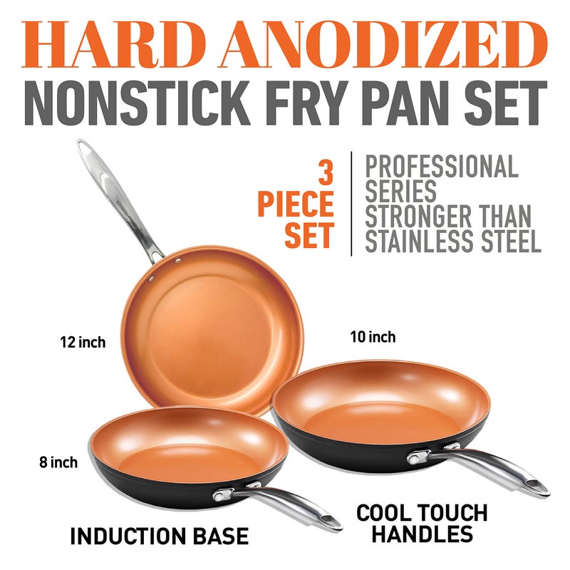 Gotham Steel PRO 3 Pc Hard Anodized Ceramic Frying Pans Set, 8â€ 10â€ 12â€ Nonstick Frying Pans Skillet with Non Toxic Ceramic & Titanium Coating, Induction Ready, Oven and Dishwasher Safe - Copper - Image 2
