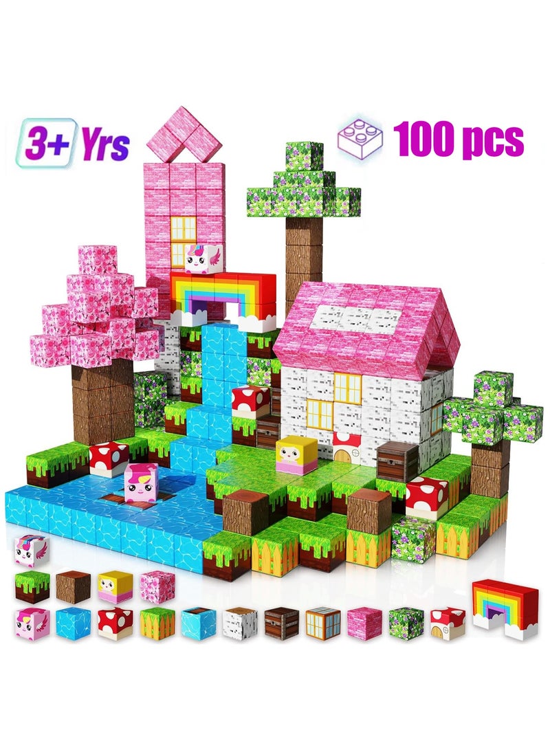 100PCS Magnetic Blocks-Build Mine Magnet World Set for Boys & Girls Age 3-5 6-8, STEM Sensory Toys for Toddlers Gifts for 3+ Years Old Girls Boys,2cm Magnet Cubes Classroom Must Haves Construction Toys - Image 1