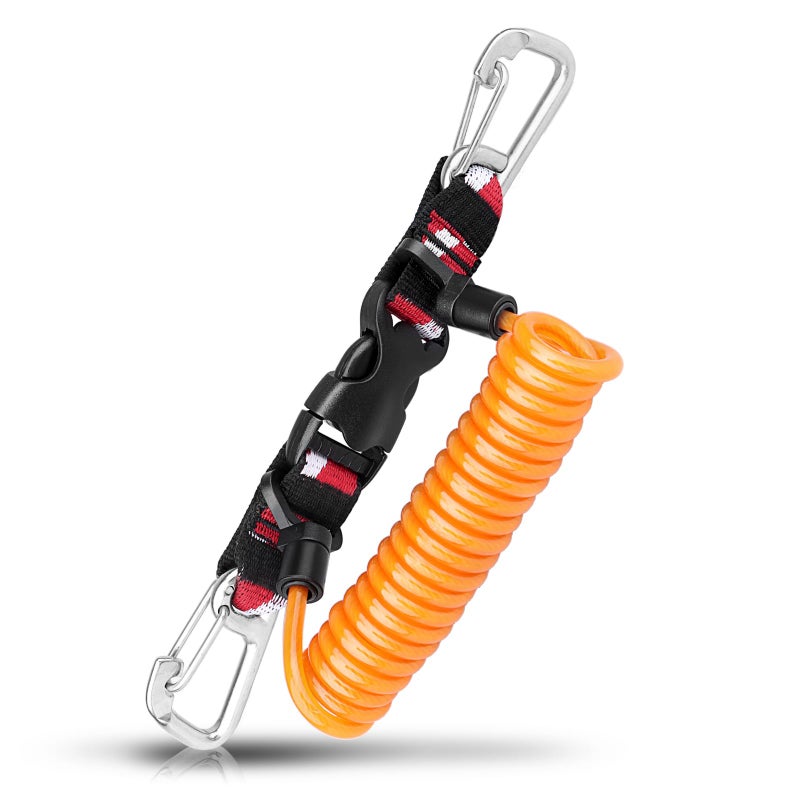 OVOVFANY Scuba Retractable Lanyard, 316 Stainless Steel Double-Clips and Spiral Core Anti-Lost Lanyard with Quick-Release Buckle & Dive Down Flag Webbing Band for Underwater Camera/Torch/Rod Safety (Orange) - Image 1