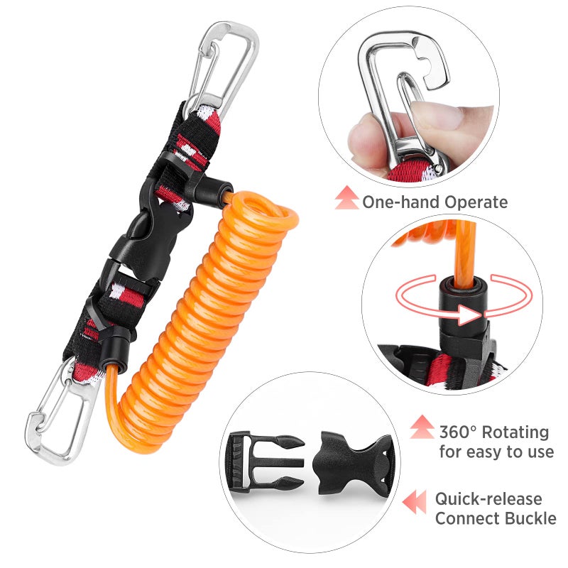 OVOVFANY Scuba Retractable Lanyard, 316 Stainless Steel Double-Clips and Spiral Core Anti-Lost Lanyard with Quick-Release Buckle & Dive Down Flag Webbing Band for Underwater Camera/Torch/Rod Safety (Orange) - Image 4
