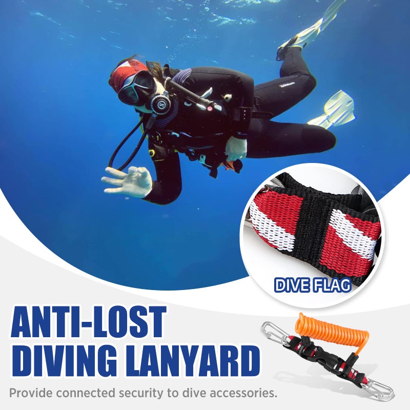 OVOVFANY Scuba Retractable Lanyard, 316 Stainless Steel Double-Clips and Spiral Core Anti-Lost Lanyard with Quick-Release Buckle & Dive Down Flag Webbing Band for Underwater Camera/Torch/Rod Safety (Orange) - Image 2