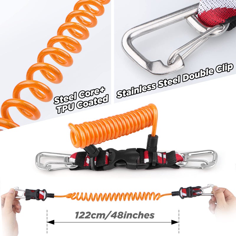 OVOVFANY Scuba Retractable Lanyard, 316 Stainless Steel Double-Clips and Spiral Core Anti-Lost Lanyard with Quick-Release Buckle & Dive Down Flag Webbing Band for Underwater Camera/Torch/Rod Safety (Orange) - Image 3